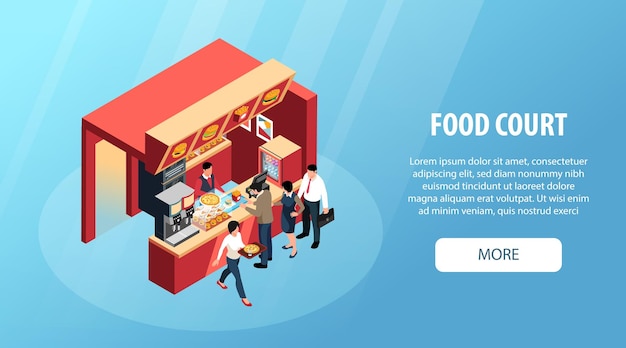 Free Vector food court horizontal blue background website banner with people buying pizza and burgers vector illustration