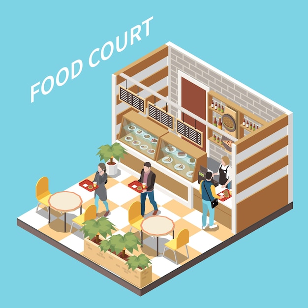 Food court isometric view customers paying for food at checkout counter carrying meals to table illustration