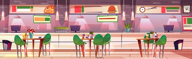 Food court in mall shop illustration of cafe interior. Sushi, pizza and fast food burgers 