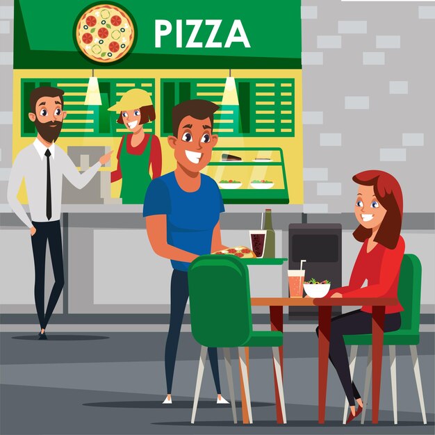 Food court pizzeria illustration with seller couple on lunch and customer ordering pizza cartoon characters Traditional italian snack