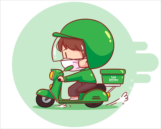 Food delivery cute man riding motorcycles, cartoon art illustration