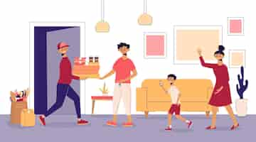 Free vector food delivery family composition food courier is met on the doorstep by whole family illustration