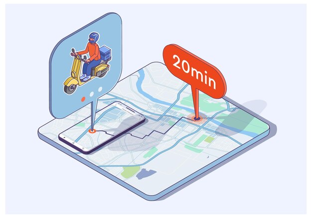 Food delivery isometric vector illustration Bike courier at city street map Online service