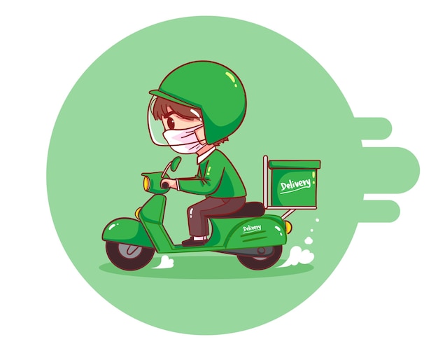 Food delivery man riding motorcycles, cartoon art illustration