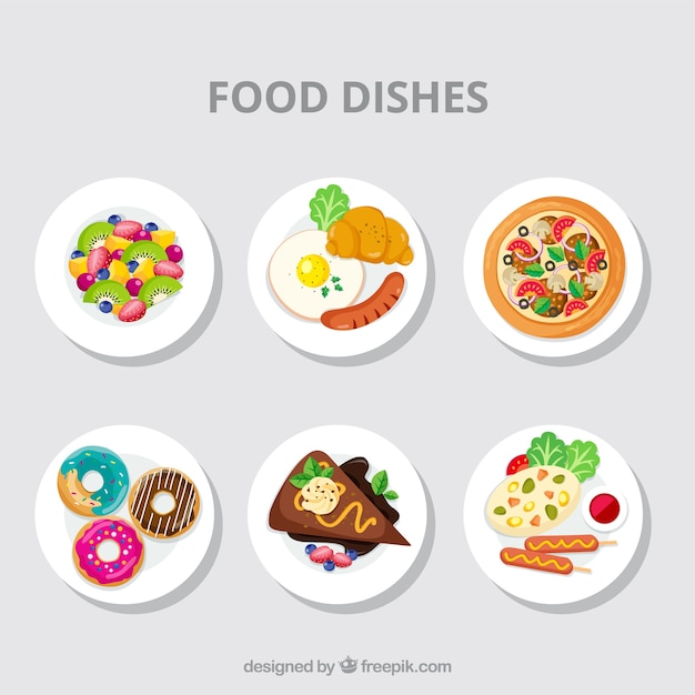 Food dishes collection in top view