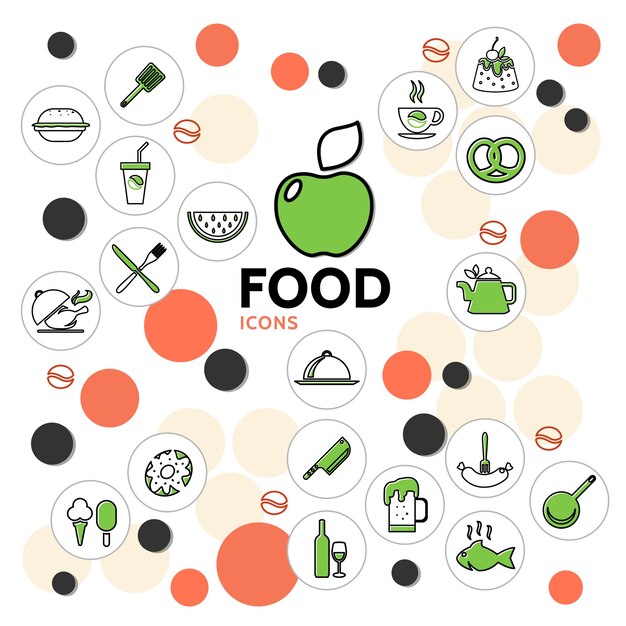 Food line icons collection with fruits drinks chicken fish ice cream cake donut sausage pretzel kitchen