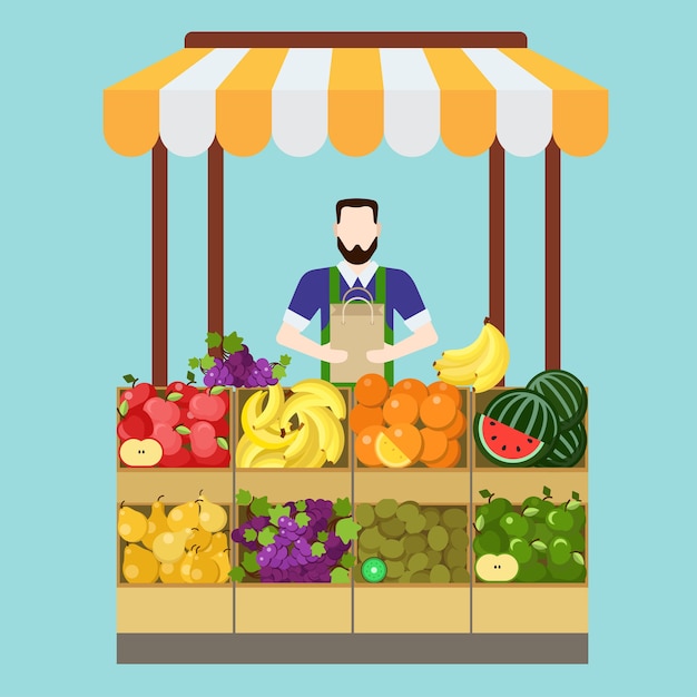 Free vector food market fruit shop salesman sale process. flat style modern professional job related  man workplace objects. showcase box bag apple banana orange kiwi grapes pear. people work collection