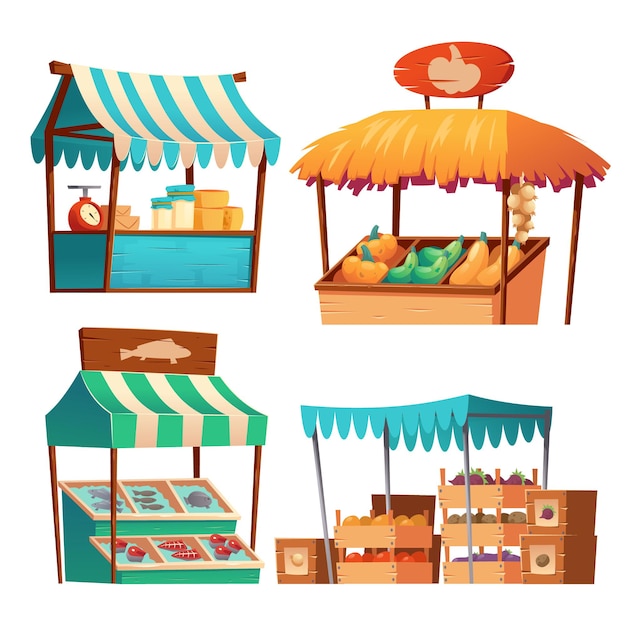 Free Vector food market stalls with vegetables, cheese and fish on counter and in crates