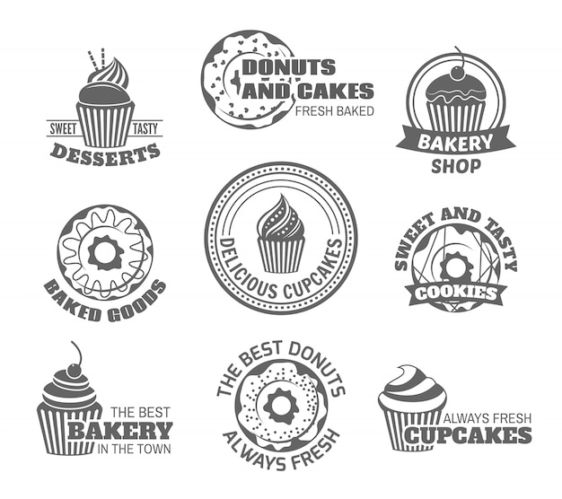 Food sweet  tasty desserts donut and cupcake labels set isolated vector illustration