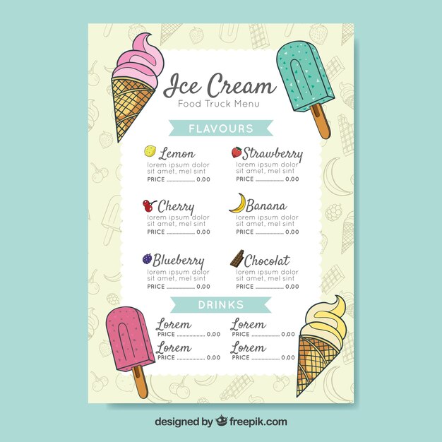 Food truck menu with ice creams