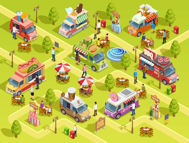 Food Trucks Outdoors Isometric Composition Poster 