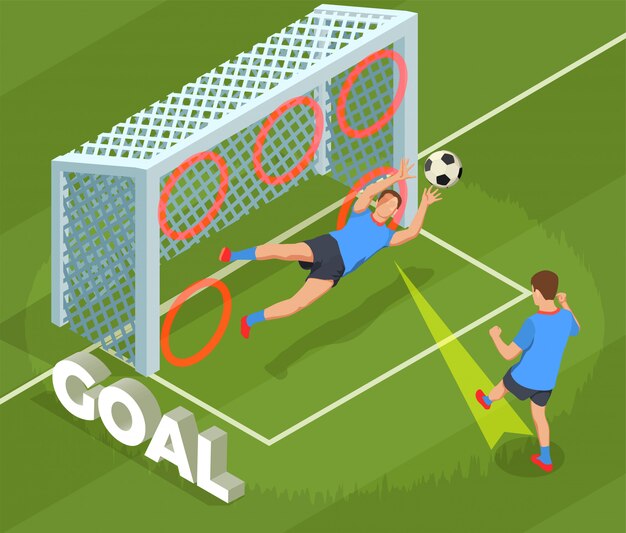 Football soccer isometric people composition with human character of player dropping goal into cage