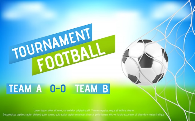 Football tournament banner with ball in goal net