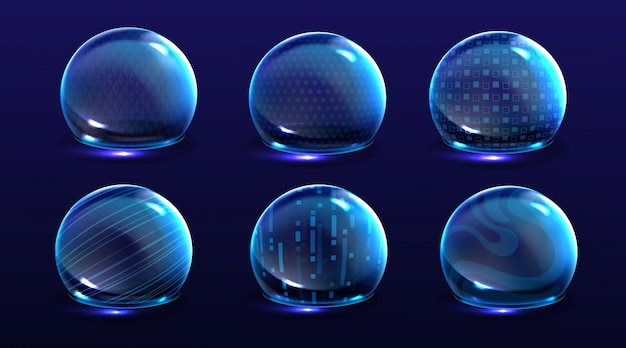 Force shield bubbles, energy glowing spheres or defense dome fields. Science fiction various deflector elements, firewall absolute protection isolated