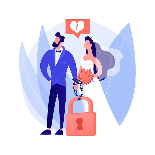 Forced marriage abstract concept vector illustration. Involuntary child marriage, without consent, against will, domestic violence, put handcuffs, pressure to marry, sexual abuse abstract metaphor.