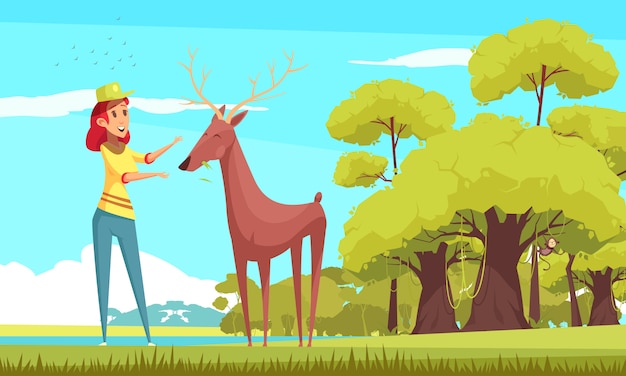 Forest Animal Feeding Cartoon Illustration