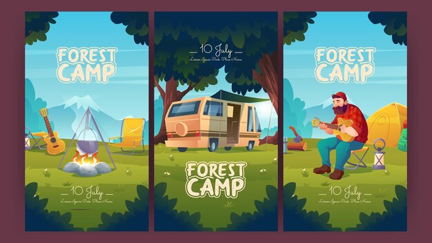 Forest camp cartoon invitation posters tourism