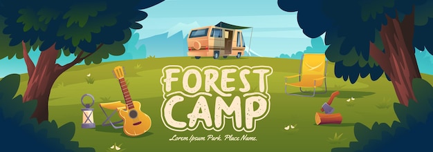 Forest camp poster with van chair and guitar concept of travel hiking and activity vacation 