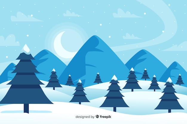 Free Vector forest of christmas trees and mountains in the winter