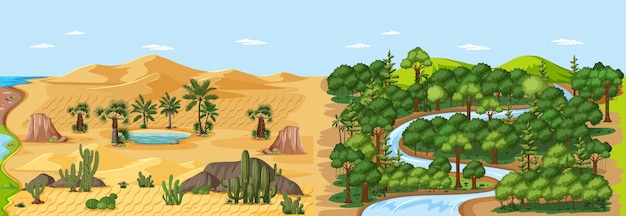 Forest nature landscape scene and desert with oasis landscape scene