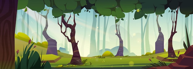 Free Vector forest park nature panorama cartoon illustration empty garden environment background with green grass stone hill and flower above summer sunshine beam magic fairytale game location scene vector