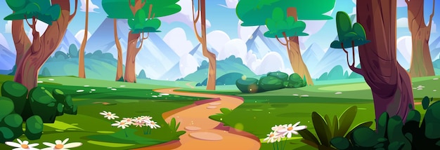 Forest path to mountain nature vector landscape background Pathway near tree and green grass beautiful valley Cute sunny chamomile garden scenic game environment or graphic travel backdrop