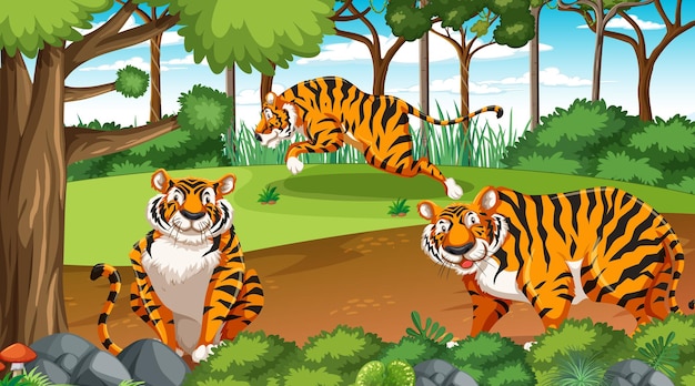 Forest or rainforest scene with tiger family