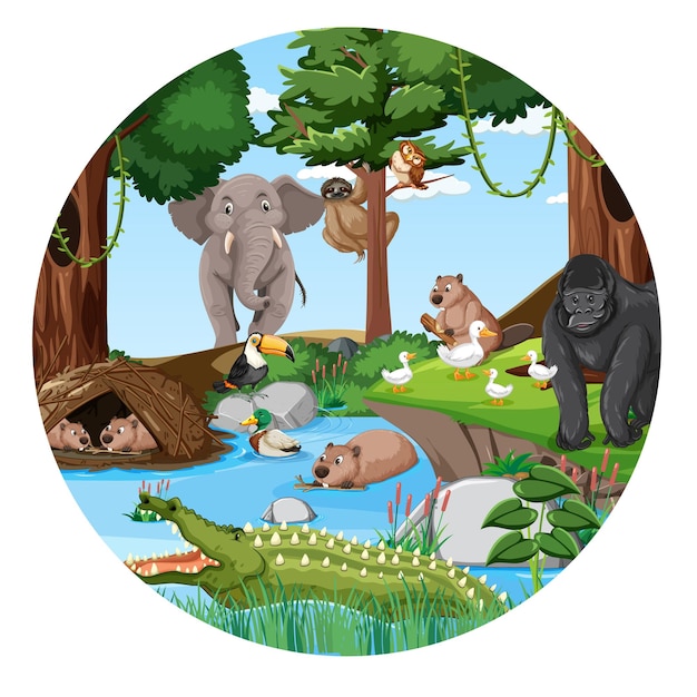 Forest in round shape with wild animals