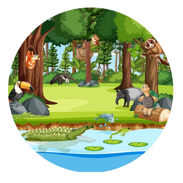 Forest in round shape with wild animals