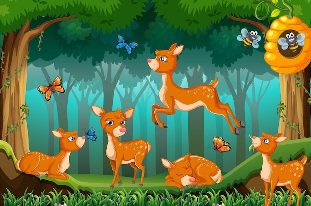 Free vector forest scene with deers jumping