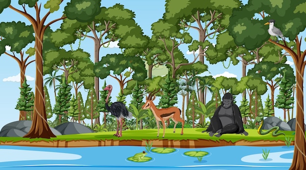 Forest scene with different wild animals