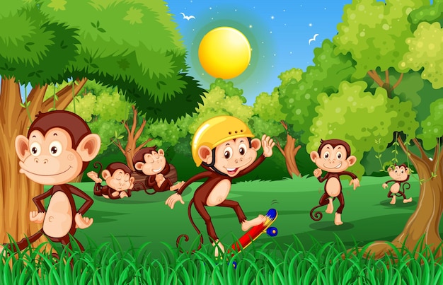 Forest scene with funny monkeys cartoon