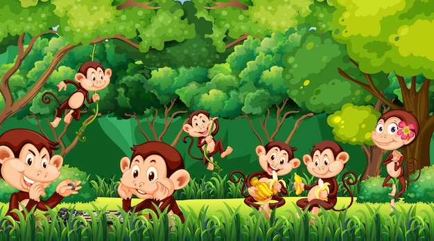 Forest scene with funny monkeys cartoon