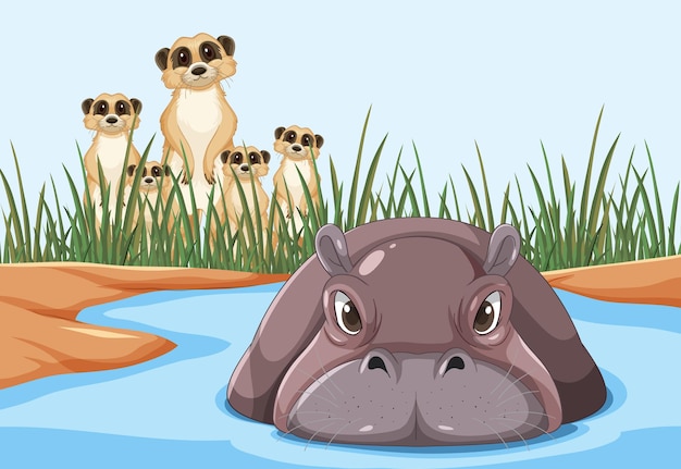 Free Vector forest scene with hippopotamus in the water