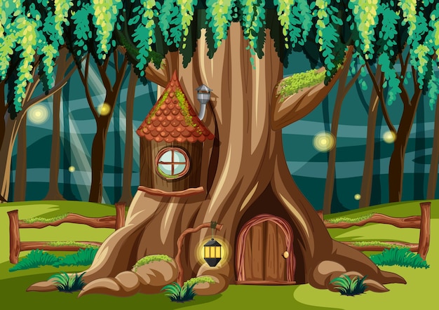 Forest scene with tree house inside the tree trunk