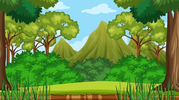 Free Vector forest scene with various forest trees and mountain background