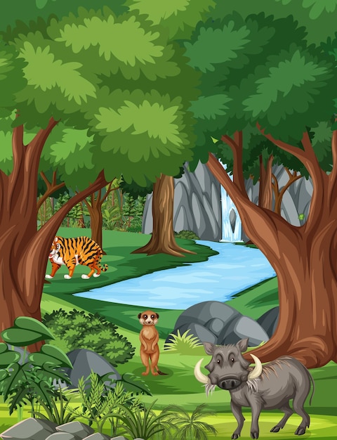 Forest scene with various wild animals