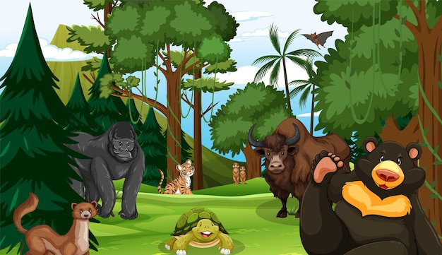 Forest scene with various wild animals