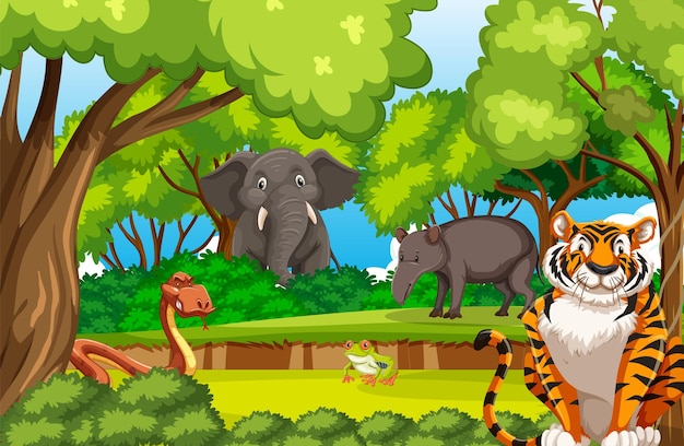 Forest scene with various wild animals