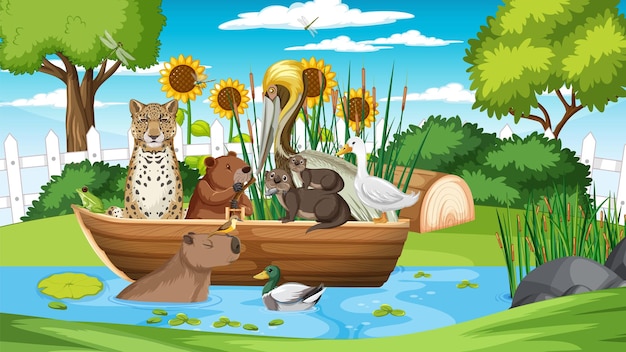 Free Vector forest scene with wild animals