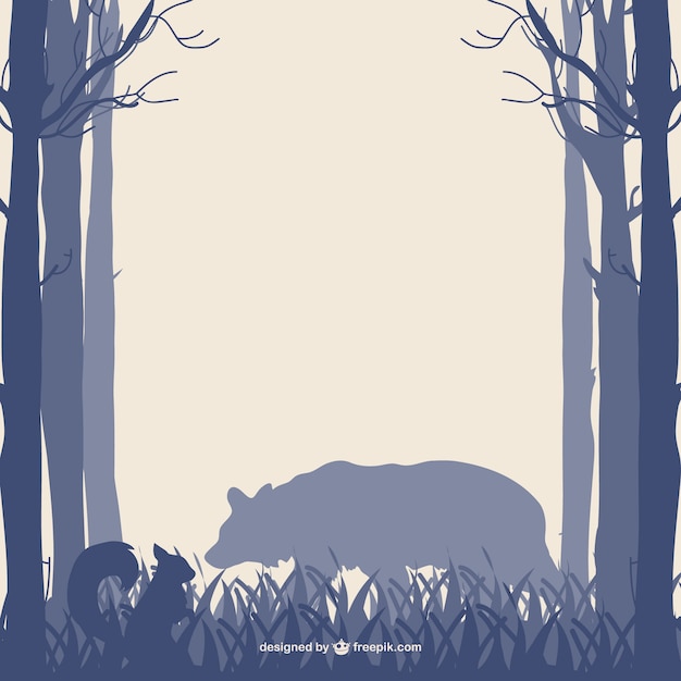 Free vector forest trees bear and squirrel silhouettes