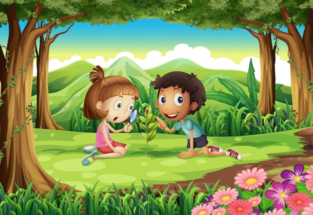 A forest with two kids studying the growing plant with a bug