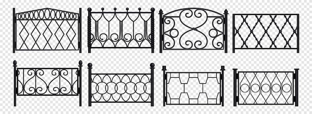 Free vector forged metal fence sections with different pattern realistic set on transparent background isolated vector illustration