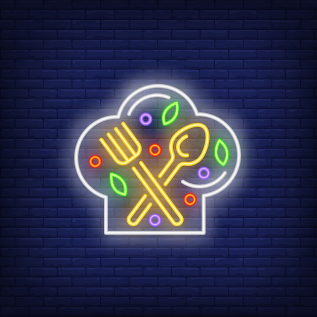 Free vector fork, spoon and ingredients on chief hat neon sign