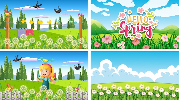 Free vector four background scenes with children and animals in the park