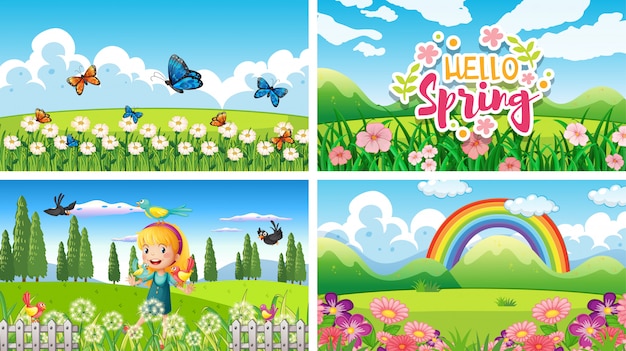 Four background scenes with children and animals in the park