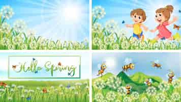 Free vector four background scenes with children and animals in the park