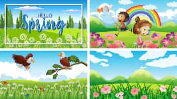 Free vector four background scenes with children and animals in the park