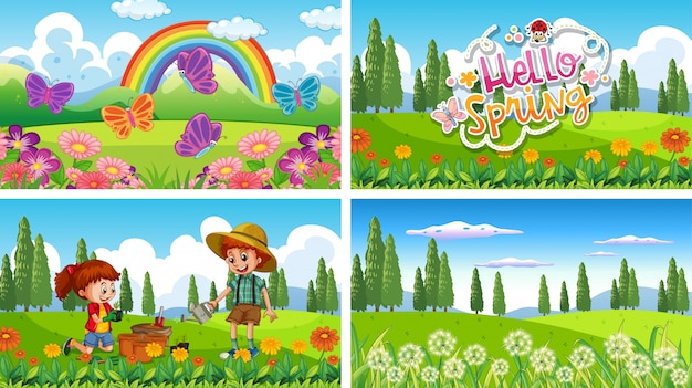 Four background scenes with children and animals in the park