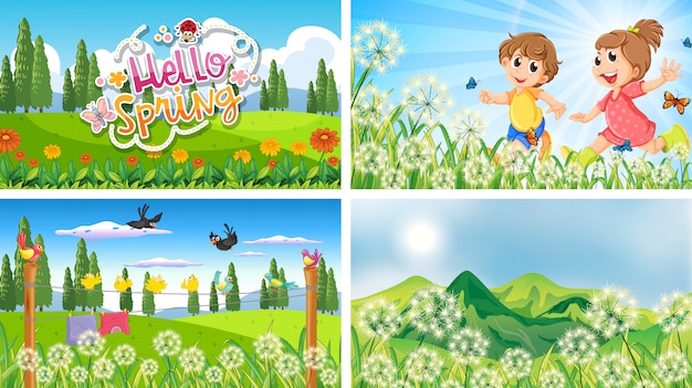 Free vector four background scenes with children and animals in the park